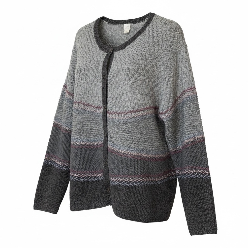 J. Jill Handknit Embroidered Cardigan Sweater Grey Colorblock Large Linen Blend